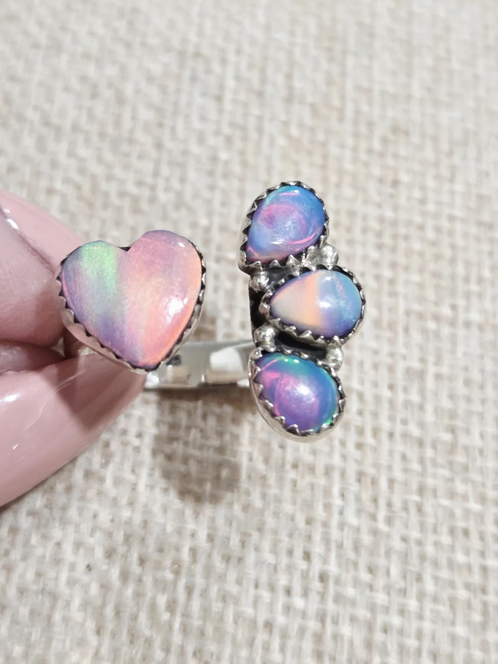 Sterling Silver Iridescent Opal Heart & Teardrop Ring - Pink Blue